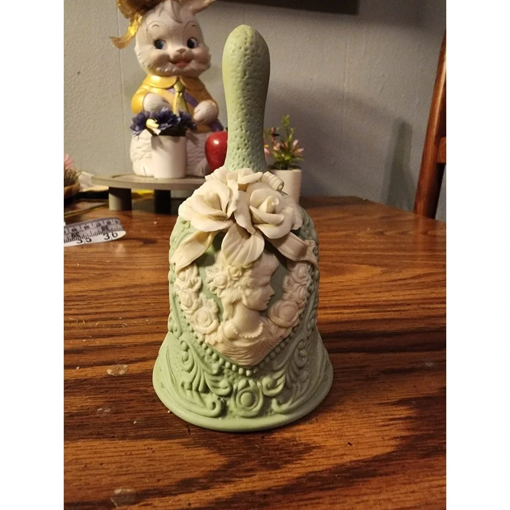Vintage Sage Green & Ivory Cameo Collectible Bell Jasperware